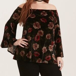 Torrid Floral Velvet Off Shoulder Bell Sleeve Top
